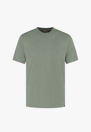 T-shirt uni à manches courtes et col rond, couleur vert sauge pastel, présenté de face sur un fond blanc.