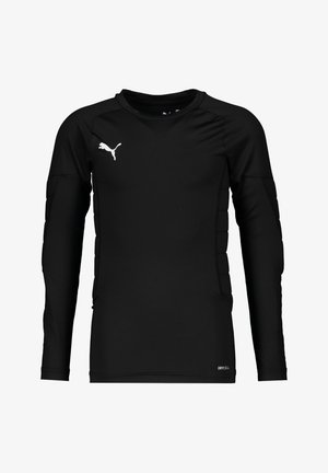 Crna dugoramena atletska majica izrađena od rastezljivog materijala. Sadrži PUMA logo, jastučiće na rukavima i "DRYCELL" oznaku na rubu.