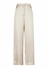 Beige, weit geschnittene Hose aus einem glatten, satinähnlichen Material. Mit einem Knopfverschluss vorne und einem taillierten Bund.