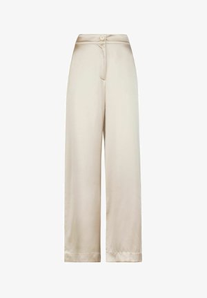Beige, weit geschnittene Hose aus einem glatten, satinähnlichen Material. Mit einem Knopfverschluss vorne und einem taillierten Bund.
