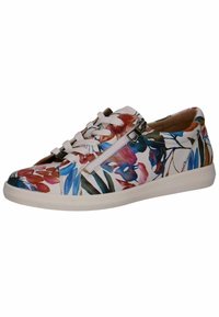 Sneaker con motivo floreale con tomaia in pelle bianca, accenti marroni, lacci frontali e zip laterale per facilità d'uso. Suola in gomma per grip.