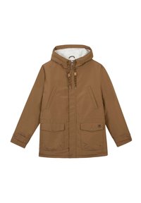 Giacca marrone con cappuccio, dotata di fodera in pile, cordoncino con toggles, due tasche frontali e chiusura a bottone a clip.