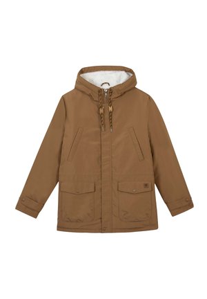 Chaqueta marrón con capucha, con forro de forro polar, cordón ajustable, dos bolsillos frontales y cierre de botones a presión.