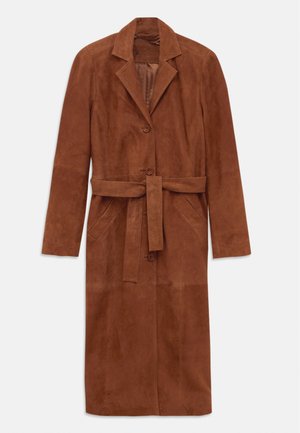Brown suede trench coat with long sleeves, two front pockets, a button closure, and a matching fabric belt. Features a notched collar.
