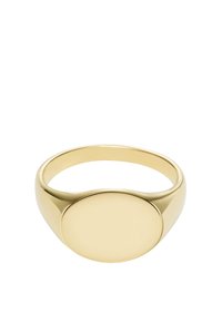 Bague en or avec un anneau lisse et arrondi et un dessus ovale et plat. Fini poli sans motifs visibles ni embellissements.