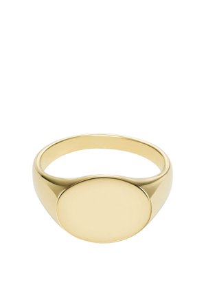 Bague en or avec un anneau lisse et arrondi et un dessus ovale et plat. Fini poli sans motifs visibles ni embellissements.