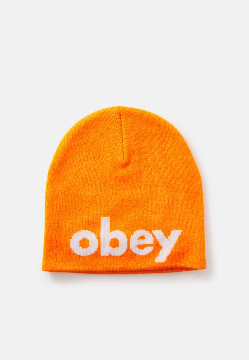Orange knit beanie with a soft texture, featuring the word "obey" in bold white letters across the front. Simple, snug fit design.