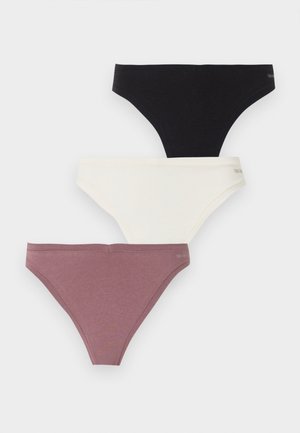 Trzy damskie majtki bawełniane o kroju bikini w kolorach czarnym, białym i wrzosowym, ułożone pionowo na jasnym tle.