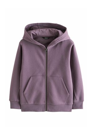 Purple zip-up hoodie with a front zipper, two angled front pockets, ribbed cuffs, and a hood.