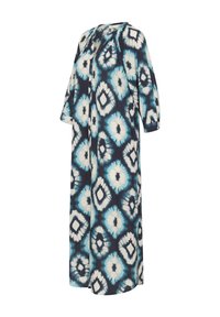 Rochie cu mânecă lungă, de lungime medie, de culoare albastru închis, cu un model abstract de tie-dye alb și albastru deschis. Material moale, croi lejer, decolteu rotund.