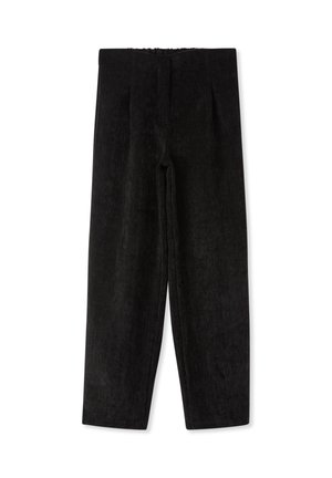 Pantaloni neri a gamba larga con vita elastica, caratterizzati da un tessuto strutturato e pieghe frontali per un aspetto su misura.