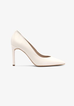 Witte leren hoge hakpumps met een spitse neus en slanke hak, met een minimalistisch ontwerp en een gladde textuur.