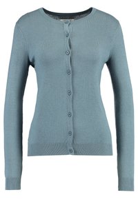 Lichtblauw vest gemaakt van gestructureerde breistof, met een ronde hals, lange mouwen en een volledige knoopsluiting met bijpassende knopen.