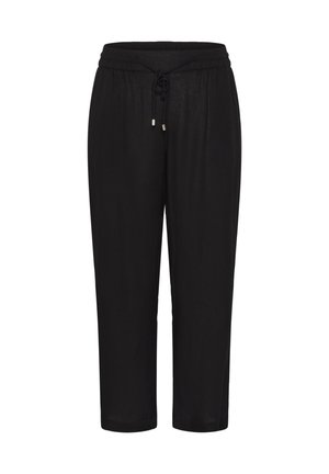 Fekete, kényelmes szabású nadrág rugalmas derékpánttal és állítható húzózsinórral, egyenes szárakkal és oldalzsebekkel.