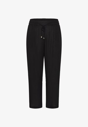 Crne hlače opuštenog kroja s elastičnim pojasom i podesivim vezicama, ravnim nogavicama i bočnim džepovima.
