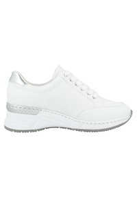 White leather sneaker with silver accents, rounded toe, and a thick white midsole. Features six eyelets and textured side panel.
