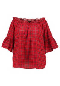 Blouse à carreaux rouges, décolletée sur les épaules, avec des manches froncées et une coupe décontractée. Fabriquée en tissu léger, elle présente un motif à carreaux.