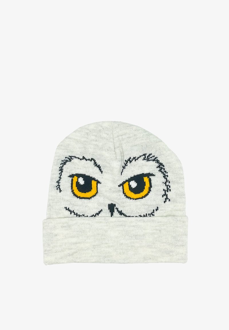 Gray knit beanie featuring owl facial design, orange eyes, black accents, and a folded cuff at the bottom. Soft texture, rounded top.