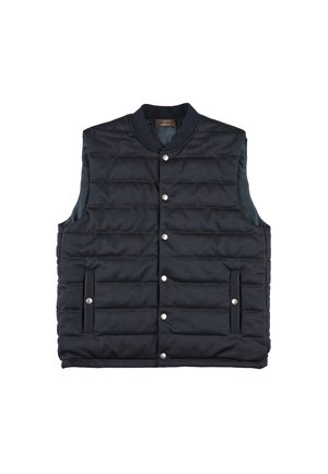 Navy Puffer-Weste mit geripptem Kragen, Druckknopfverschluss, zwei Seitentaschen und horizontalem Steppmuster. Glatte, matte Oberfläche.