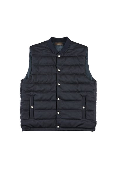 Navy Puffer-Weste mit geripptem Kragen, Druckknopfverschluss, zwei Seitentaschen und horizontalem Steppmuster. Glatte, matte Oberfläche.