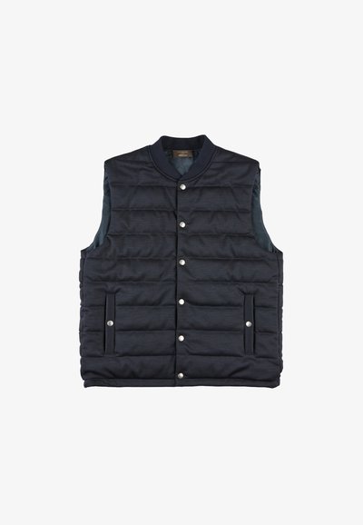 Navy Puffer-Weste mit geripptem Kragen, Druckknopfverschluss, zwei Seitentaschen und horizontalem Steppmuster. Glatte, matte Oberfläche.