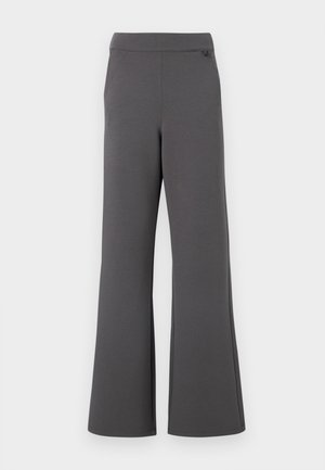 Gray wide-leg pants made from soft fabric, featuring a smooth waistband and a subtle stitching detail at the top. No visible pockets.