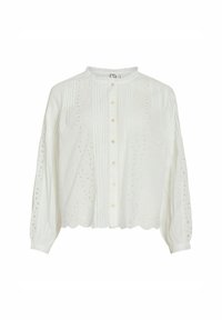 Weiße Bluse mit langen Ärmeln, gewelltem Saum, Knopfleiste, vertikalen Falten und gestickten Blumen aus Ösen-Spitze auf der Vorderseite und den Ärmeln.