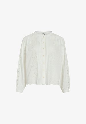 Witte blouse met lange mouwen, geschulpte randen, knoopsluiting aan de voorkant, verticale plooien en doorgestikt bloemmotief van kant op de voorkant en mouwen.