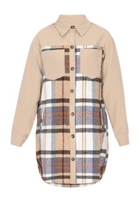 Beige ingdzseki kockás mintával barna, fehér és kék színben. Két mellzsebbe és gombos záródással rendelkezik, laza fazonú és ívelt hemline-nel.