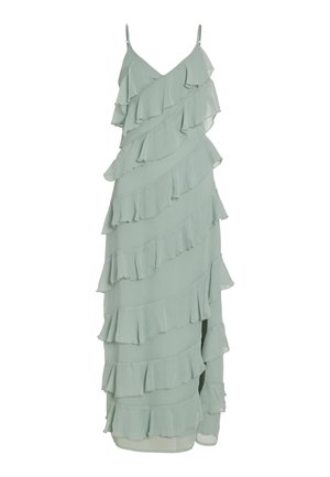 Φωτεινό πράσινο, αμάνικο φόρεμα με ρέουσα σχεδίαση, που διαθέτει πολλαπλά οριζόντια φάσματα και μήκος έως το γόνατο. Ελαφριά υφή υφάσματος.