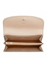 Portafoglio in pelle beige con una superficie liscia, chiusura a scatto, diversi slot per carte e un comparto con zip per le monete. Logo DUDU in rilievo.