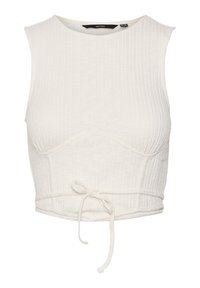 Top court blanc en tissu texturé, avec un col rond et un détail de nœud à l'ourlet avant.