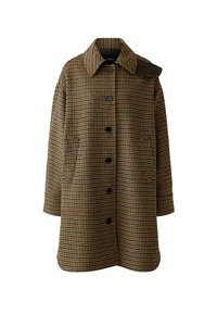 Braun karierter Mantel mit Kragen, langen Ärmeln und vorderen Taschen. Verfügt über schwarze Knöpfe und ein braunes Akzentdetail an der Schulter.
