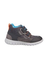Grey athletic shoe with blue interior, synthetic material, two adjustable straps, rubber sole, and grey textured midsole.