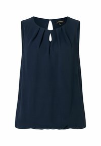 Marineblauwe mouwloze blouse met een ronde halslijn, sleutelgat-detail aan de achterkant en zachte plooien aan de voorkant. Gemaakt van lichte stof.