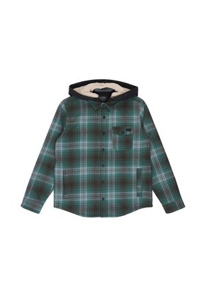 Groen-zwart geruite fleece gevoerde capuchonjas met knopen aan de voorkant en een borstzak.