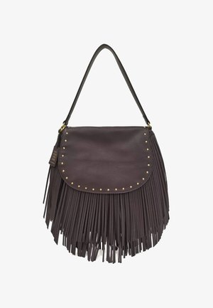 Borsa a tracolla in pelle marrone scuro con borchie dorate sulla patta e dettagli con frange lunghe lungo il fondo e i lati.