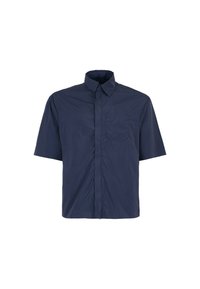 Camicia a maniche corte, con bottoni, di colore blu navy, con colletto a punta e una tasca sul petto. Realizzata in tessuto leggero e liscio.