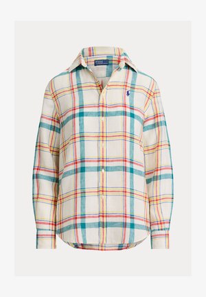 Garām piedurknēm ar pogām aiztaisāms krekls ar daudzkrāsainu rūtainu rakstu zilgani zaļā, dzeltenā, sarkanā un zilā krāsā, ar nelielu izšūtu logotipu uz krūtīm.