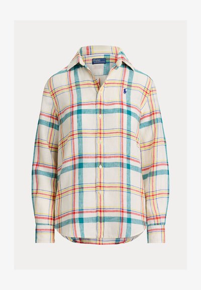 Langermet skjorte med knapper, i et flerfarget rutemønster i grønnblått, gult, rødt og blått, med en liten brodert logo på brystet.