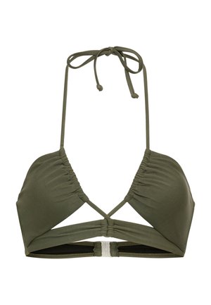 Olijfgroene bikinibovenkant met halternekkoord, geplooide driehoekige cups en een sluiting aan de achterkant.