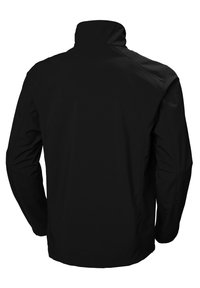 Chaqueta negra con cuello alto, mangas largas y una textura suave y mate. La parte trasera es lisa, sin adornos adicionales.