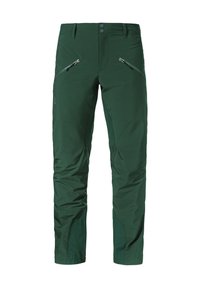 Grüne Outdoor-Hosen mit glatter Textur, ausgestattet mit zwei Reißverschlusstaschen an den Seiten, einem Knopfverschluss und einem taillierten Schnitt an den Knöcheln.