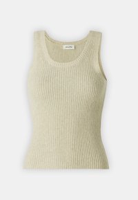 Μπεζ ριμπ αμάνικο τοπ με φαρδιές τιράντες και στρογγυλή λαιμόκοψη. Κατασκευασμένο από μαλακό, υφασμάτινο υλικό, με κάθετη ύφανση σε όλη την επιφάνεια.