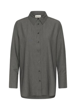 Tamsiai pilka ilgomis rankovėmis marškiniai su plonomis baltomis vertikaliomis juostelėmis ir smailiu apykakliu.