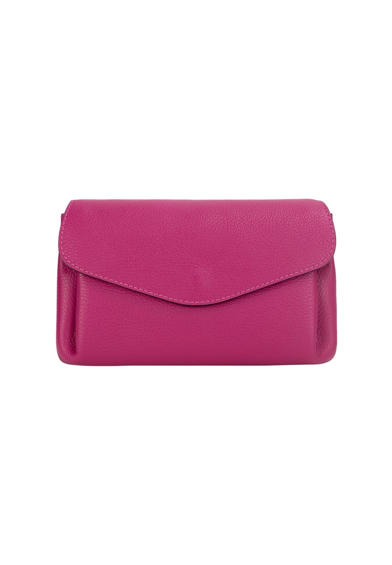 Rosa læder clutch med struktureret overflade, der har en klaplukning og rene linjer. Kompakt form, der er ideel til aftenbrug.