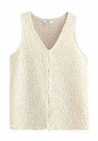 Débardeur crème sans manches en tricot texturé, avec un décolleté en V profond et une couture centrale, présentant un motif irrégulier doux sur l'ensemble.