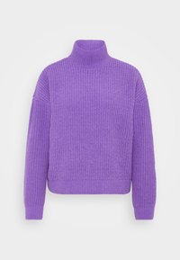 Violetti neulotun villapaidan, jossa on korkea kaulus, lasketut olkapäät ja resorilla viimeistelty helma. Materiaali on pehmeää ja siinä on muhkea neulospatterni.