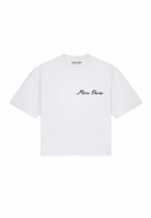 Wit T-shirt met korte mouwen met zwarte cursieve tekst "Mira Paris" op de linkerborst en een ronde hals.
