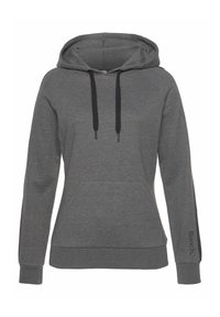 Grauer Hoodie mit einer Fronttasche, schwarzen Kordeln und einem bedruckten Logo auf dem Ärmel. Hergestellt aus weichem, strukturiertem Material. Hat eine lockere Passform.